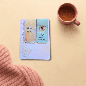 Read. Relax. Repeat. Bookmark Duo featuring two magnetic bookmarks with a palm tree and light blue background. Ideal magnetic bookmarks for avid readers, designed to hold your place in books.