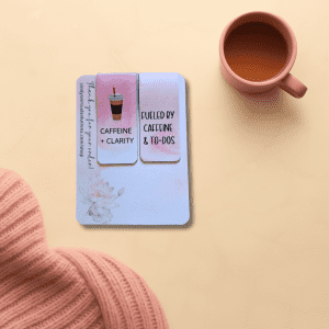 Coffee & Chapters Bookmark Duo featuring two cozy magnetic bookmarks for book lovers, displaying phrases "Caffeine + Clarity" and "Fueled by Caffeine & To-Dos," against a pastel background with a decorative illustration.
