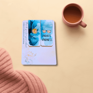 Radiate Kindness Bookmark Duo featuring two positive magnetic bookmarks in blue and pastel colors, with the sayings "Smile Today" and "Radiate Kindness," perfect as a gift for book lovers.