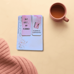 Planner Peace Bookmarks featuring pink and white designs with phrases "But first... my planner" and "Planned & caffeinated". These are magnetic bookmarks for readers, suitable for keeping your place in planners or books.