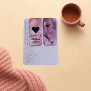 Focus & Tea Time Bookmark Duo featuring two magnetic bookmarks for readers and planner lovers, designed with colorful artistic backgrounds and motivational text: "Strong Tea, Stronger Focus" and "Steep, Sip, Slay."