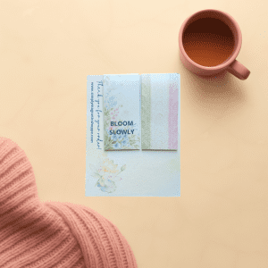 Bloom Slowly – Magnetic Bookmark Set – cozy reader lifestyle flat lay with coordinating magnetic bookmarks – The Simply Magnetic Shoppe