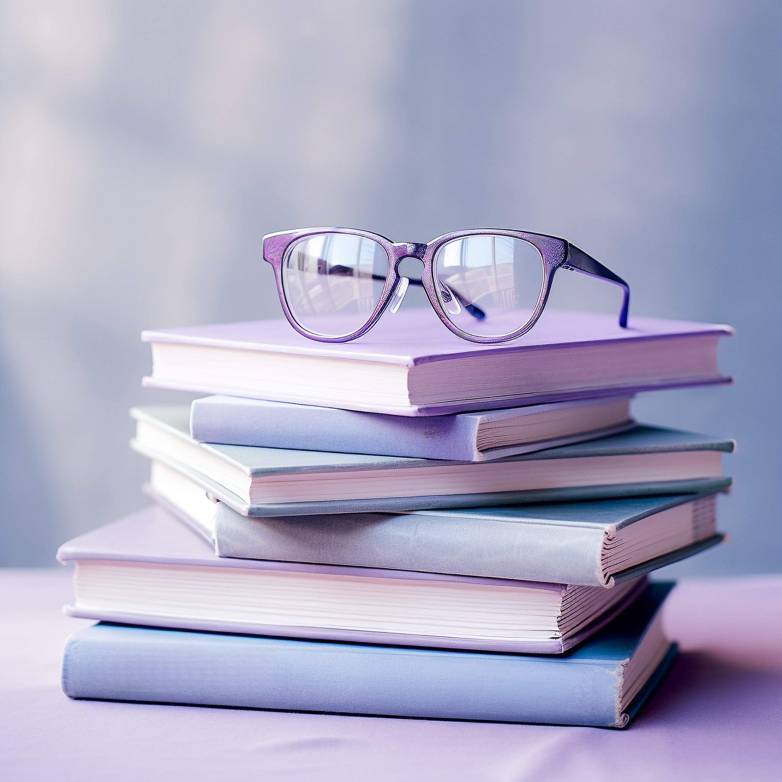 stack of books with reading glasses on top