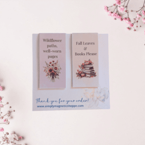 Wildflower Paths magnetic bookmark duo, autumn bouquet and a stack of books with pumpkins, on a thank-you card